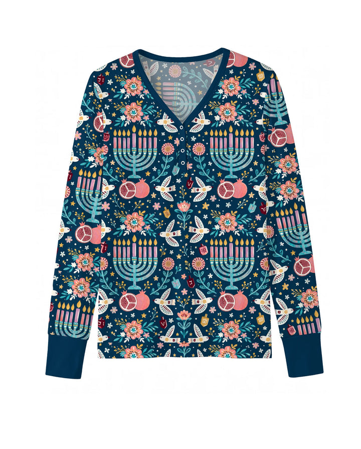 Colorful Folk Art Hanukkah Menorah Bamboo Women Pajama Set