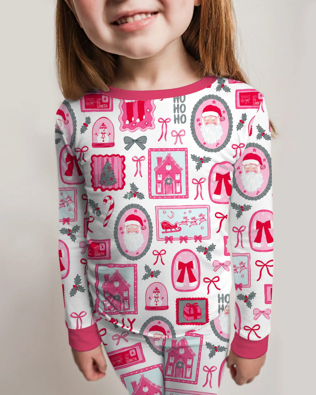 Pink Coquette Christmas Santa Bamboo Two Piece Long Sleeve Pajama Set