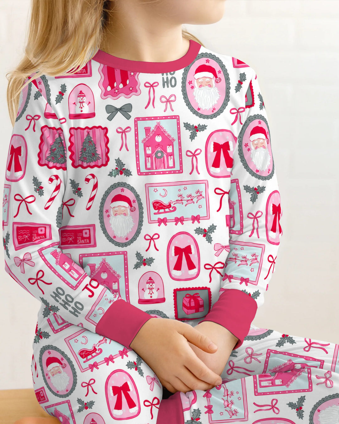 Pink Coquette Christmas Santa Bamboo Two Piece Long Sleeve Pajama Set