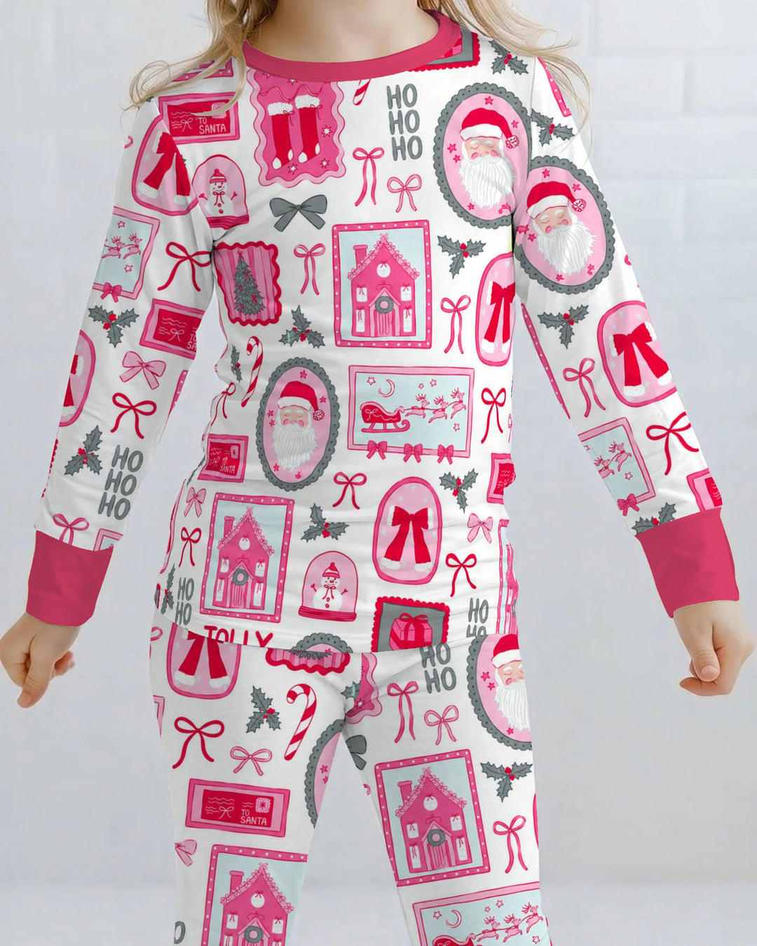 Pink Coquette Christmas Santa Bamboo Two Piece Long Sleeve Pajama Set