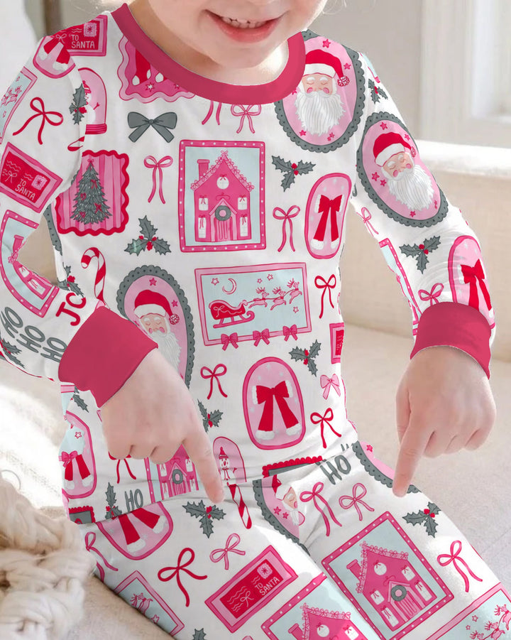 Pink Coquette Christmas Santa Bamboo Two Piece Long Sleeve Pajama Set
