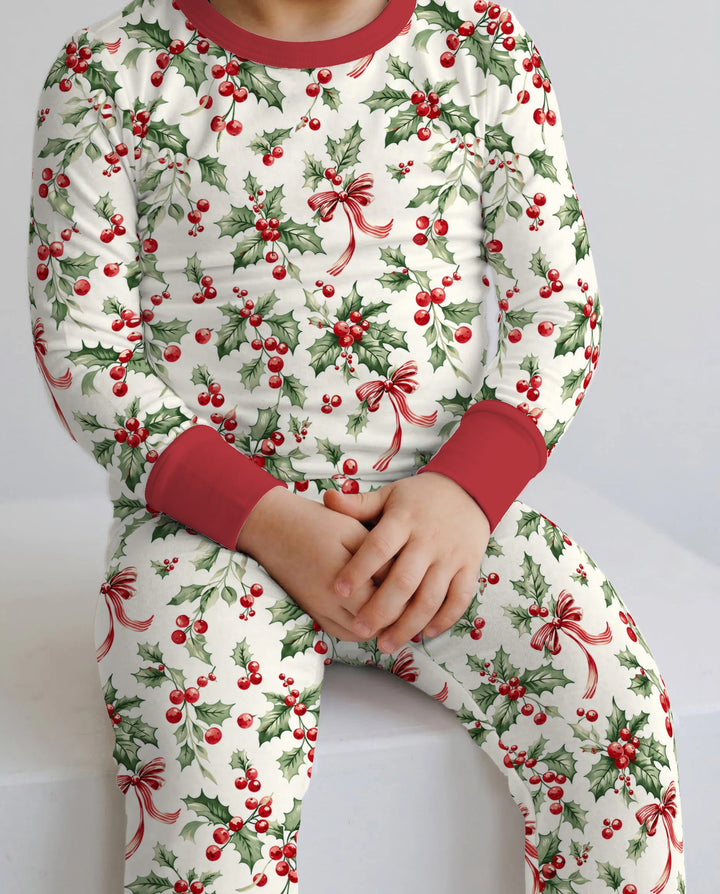 Christmas Holly Berry Ribbon Bamboo Two Piece Long Sleeve Pajama Set