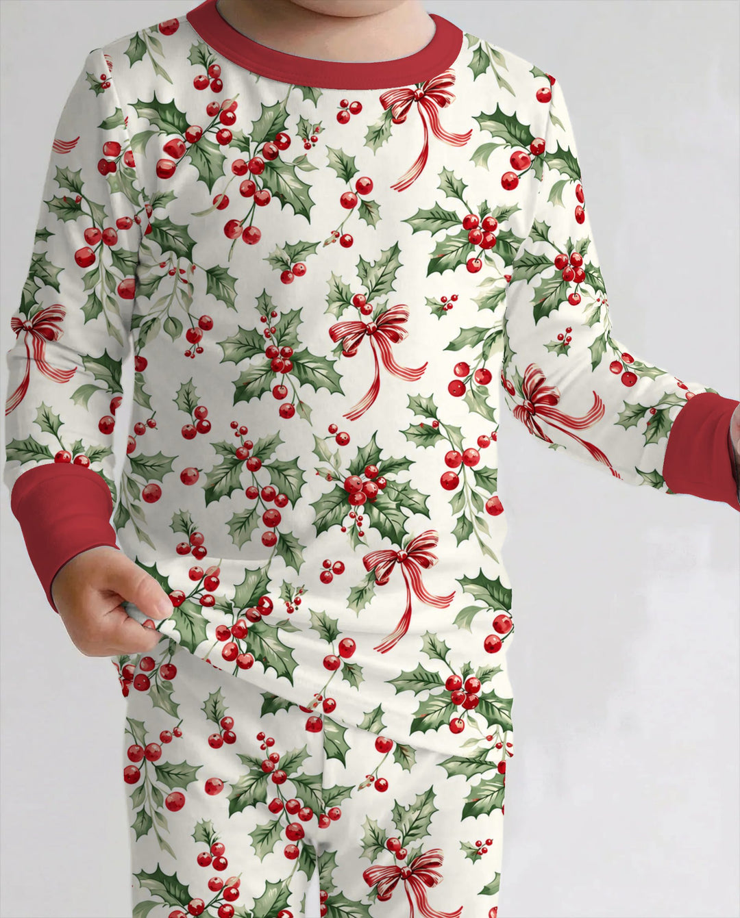 Christmas Holly Berry Ribbon Bamboo Two Piece Long Sleeve Pajama Set