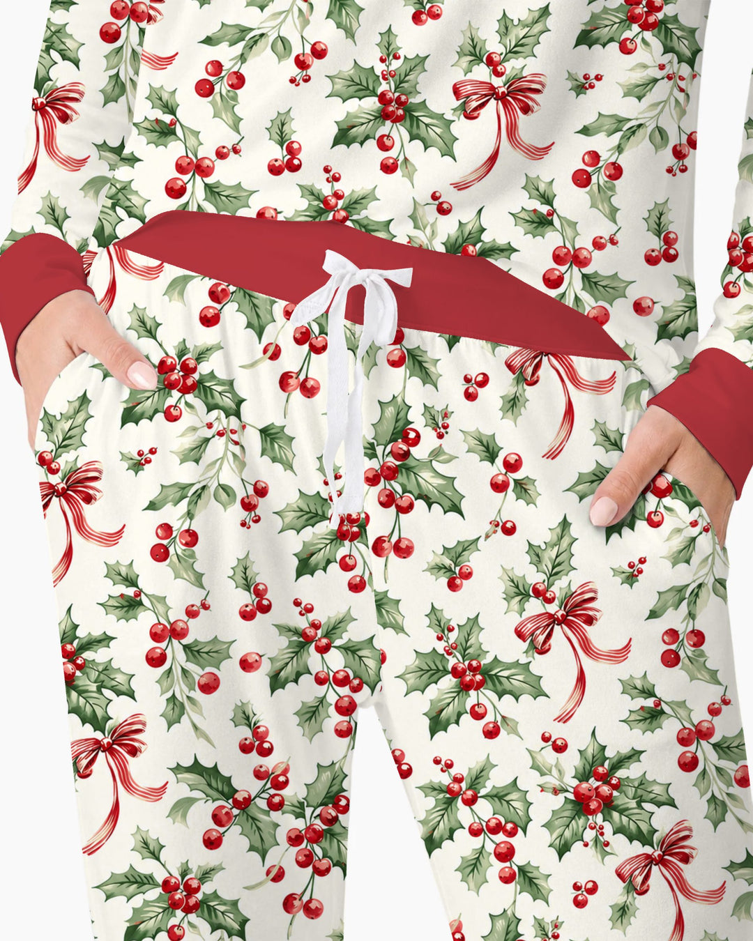 Christmas Holly Berry Ribbon Bamboo Women Pajama Set