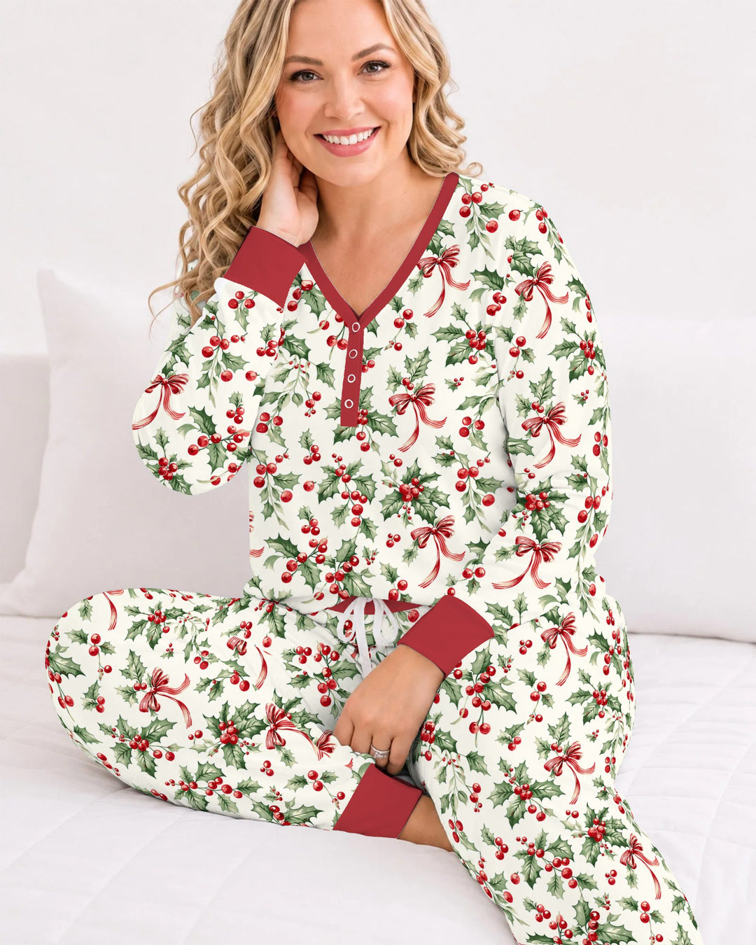 Christmas Holly Berry Ribbon Bamboo Women Pajama Set