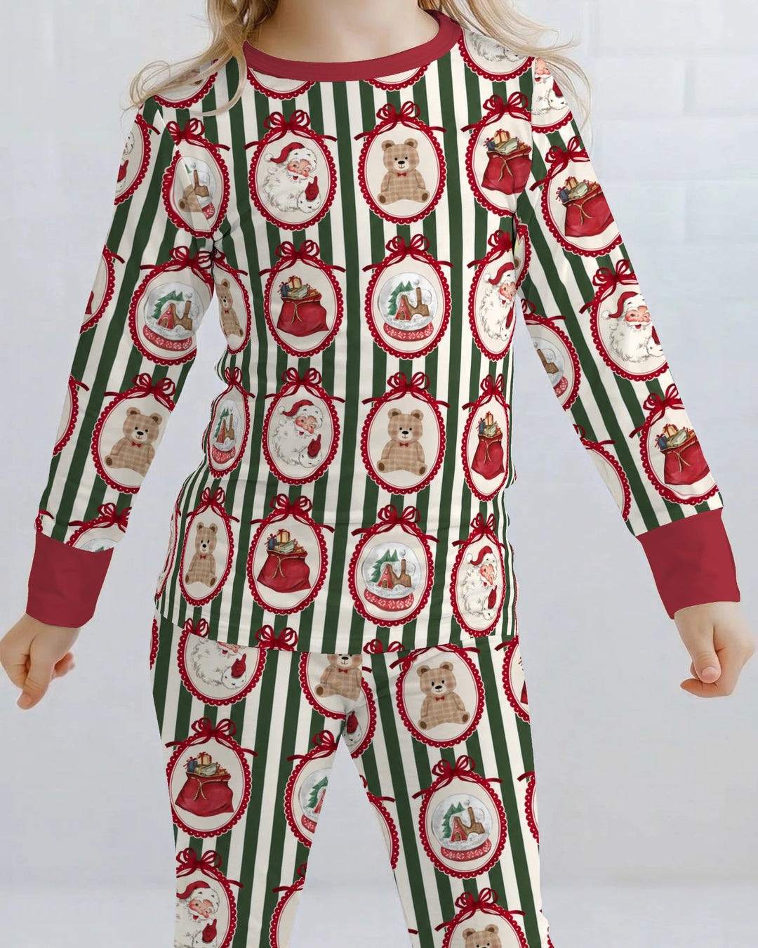Vintage Christmas Ornament Stripe Bamboo Two Piece Long Sleeve Pajama Set