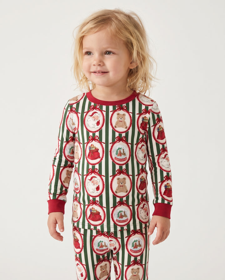 Vintage Christmas Ornament Stripe Bamboo Two Piece Long Sleeve Pajama Set