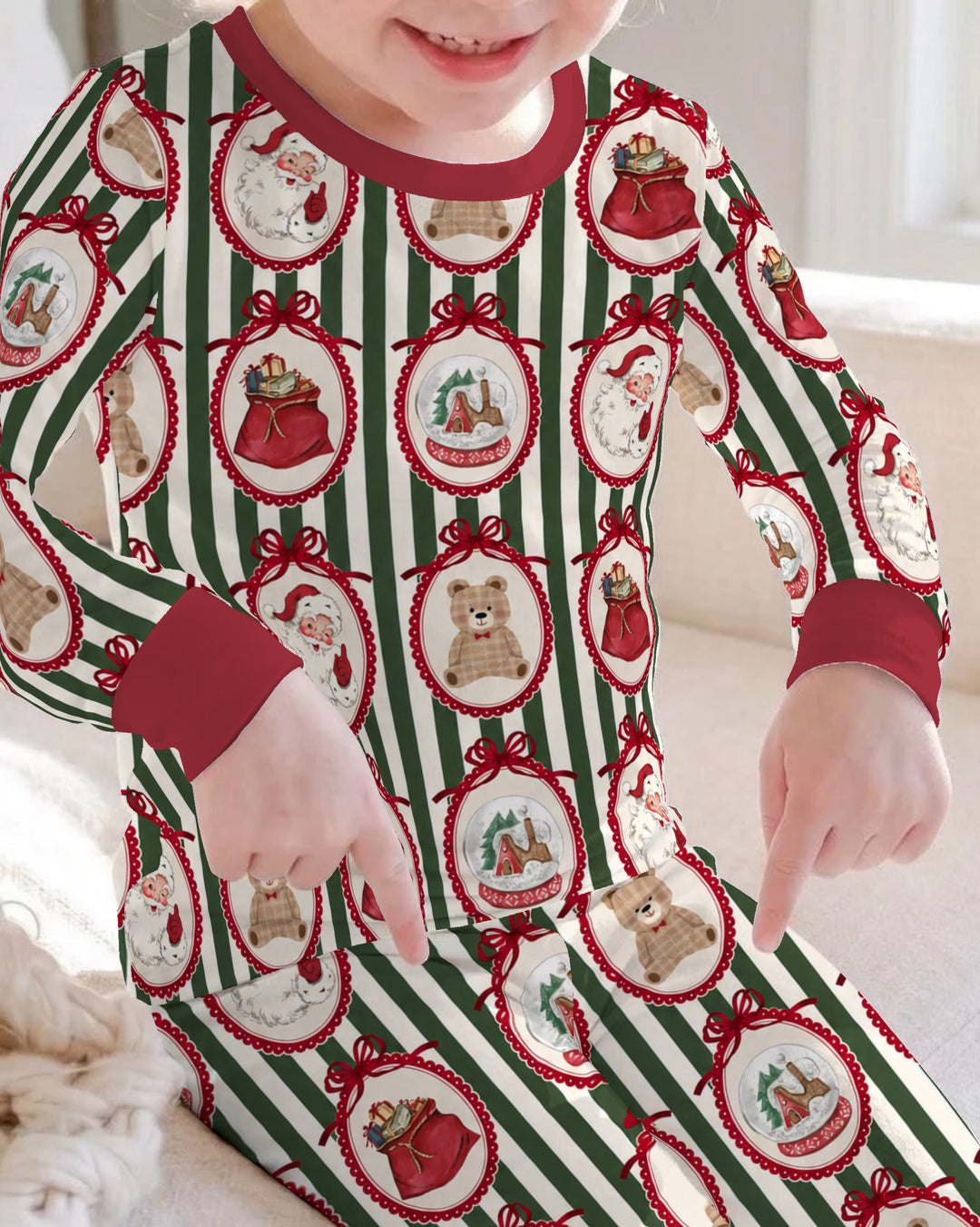 Vintage Christmas Ornament Stripe Bamboo Two Piece Long Sleeve Pajama Set
