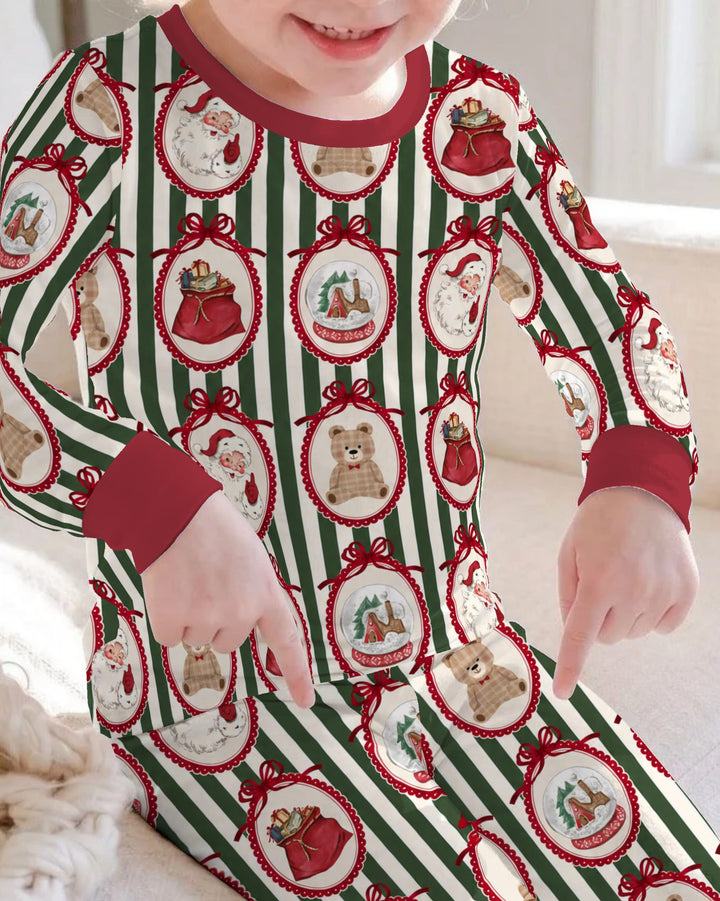 Vintage Christmas Ornament Stripe Bamboo Two Piece Long Sleeve Pajama Set