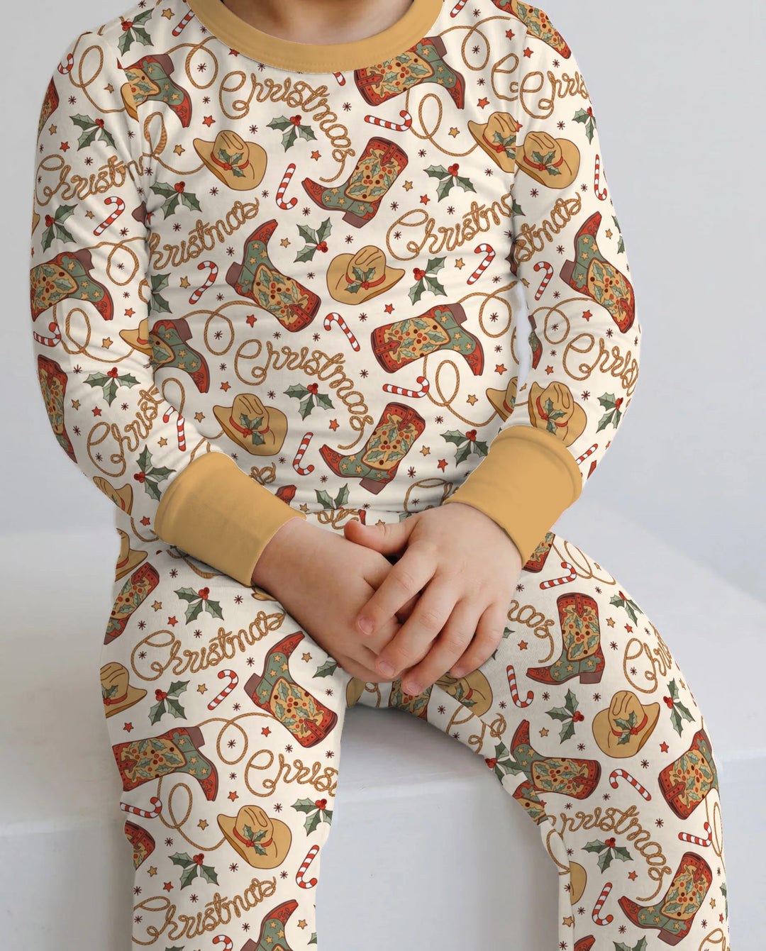 Western Cowboy Christmas Boots Bamboo Two Piece Long Sleeve Pajama Set