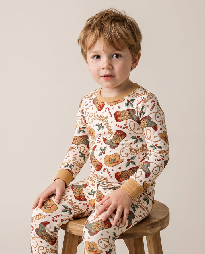 Western Cowboy Christmas Boots Bamboo Two Piece Long Sleeve Pajama Set