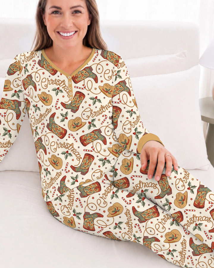 Western Cowboy Christmas Boots Bamboo Women Pajama Set
