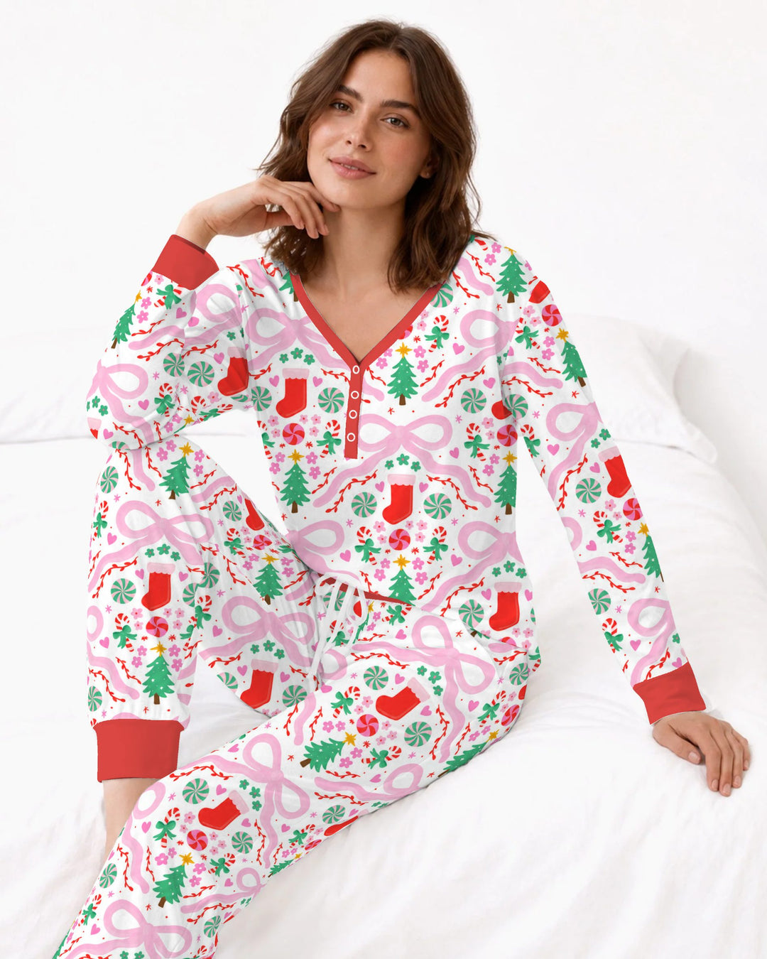 Pink Bow Christmas Candy Bamboo Women Pajama Set