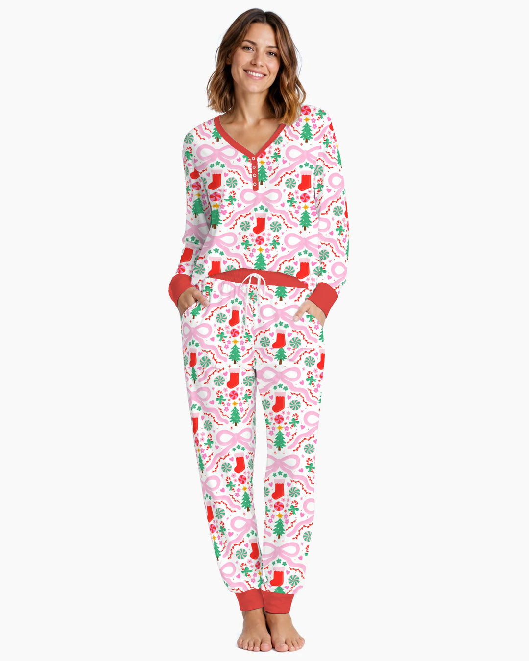 Pink Bow Christmas Candy Bamboo Women Pajama Set