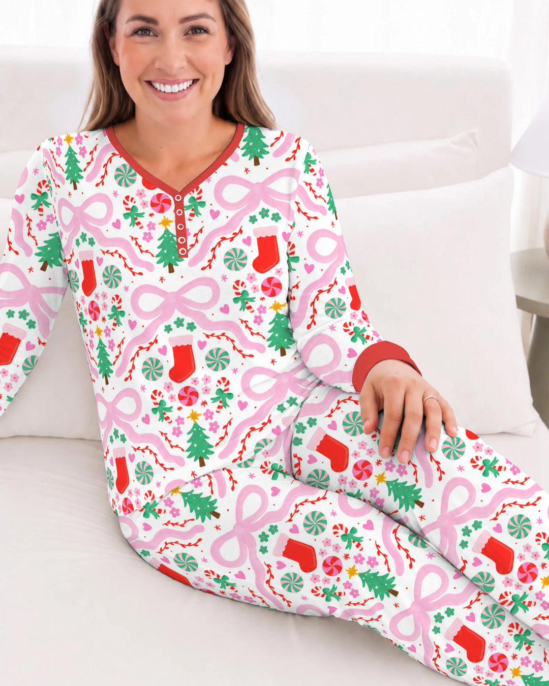 Pink Bow Christmas Candy Bamboo Women Pajama Set