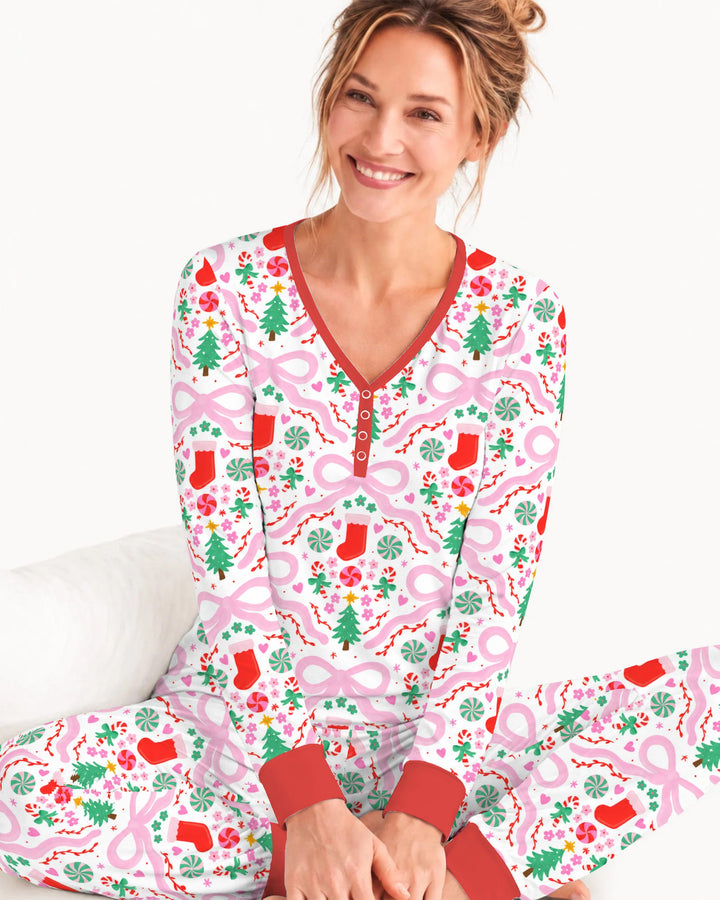Pink Bow Christmas Candy Bamboo Women Pajama Set
