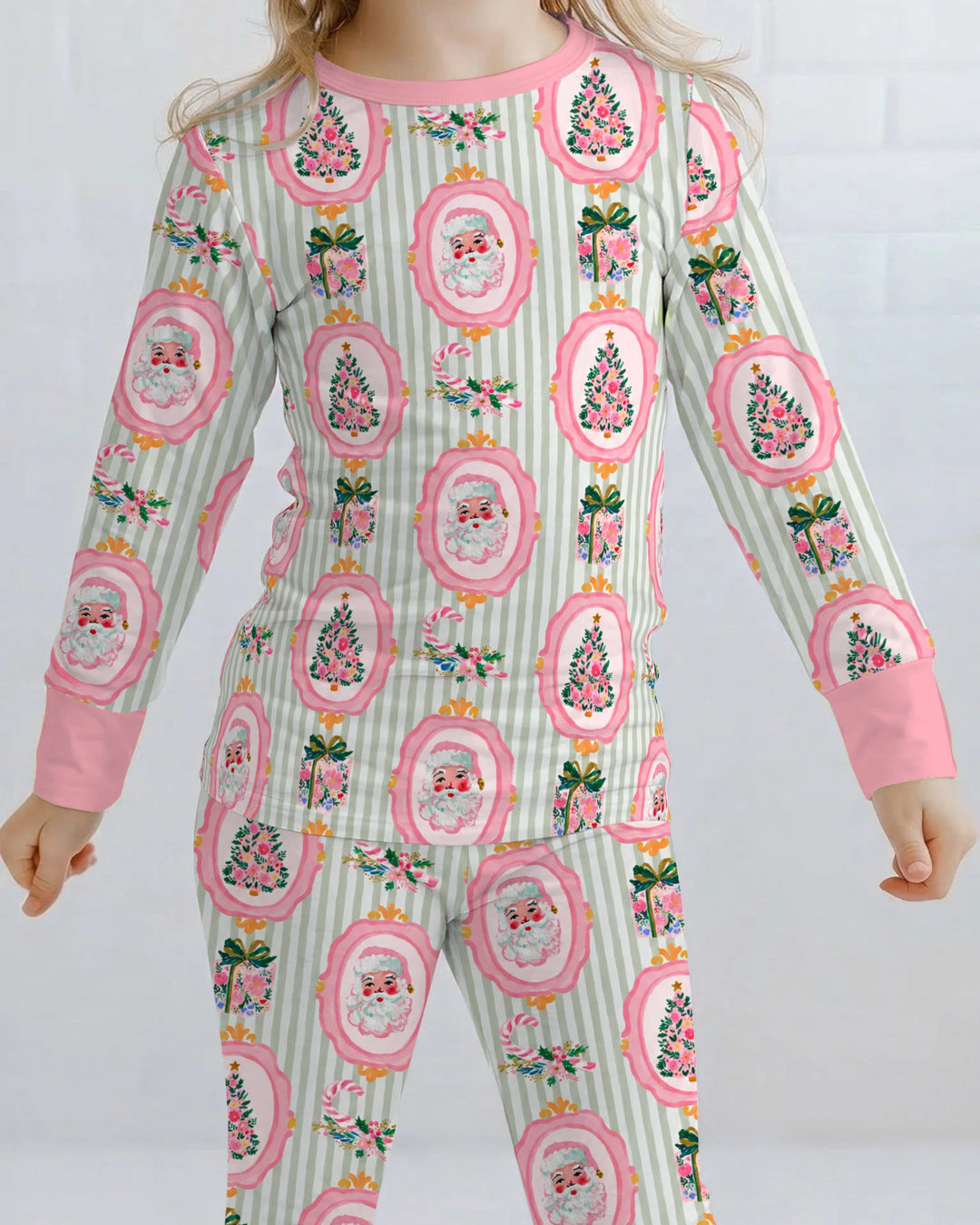 Pink Santa Christmas Tree Stripe Bamboo Two Piece Long Sleeve Pajama Set