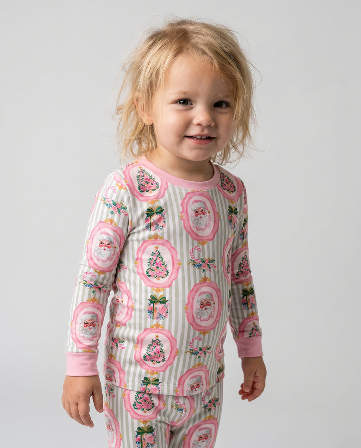 Pink Santa Christmas Tree Stripe Bamboo Two Piece Long Sleeve Pajama Set