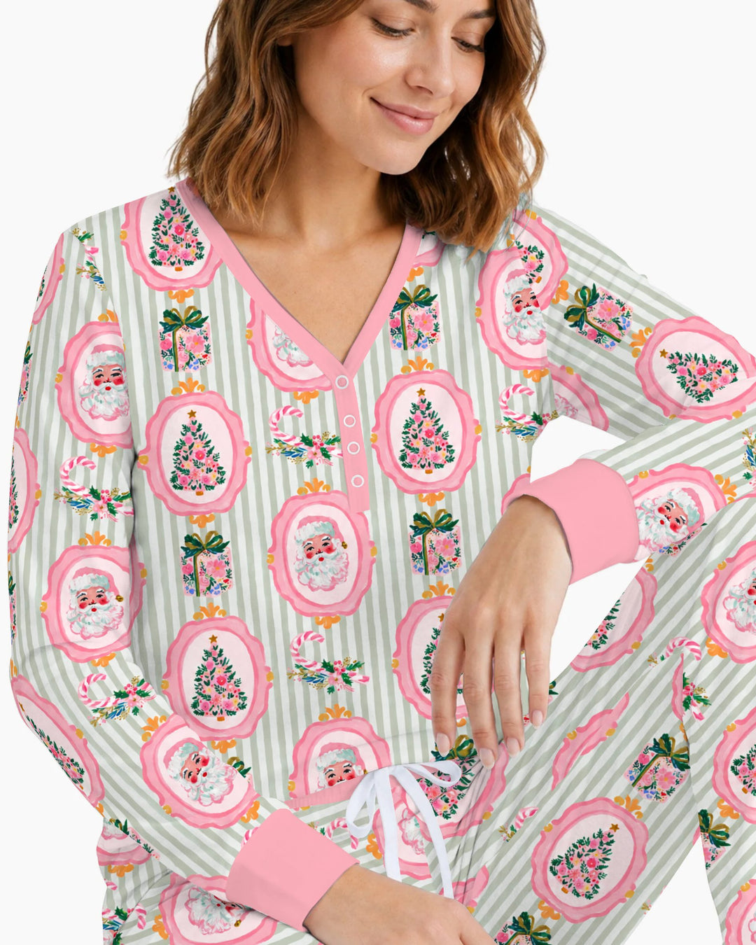Pink Santa Christmas Tree Stripe Bamboo Women Pajama Set