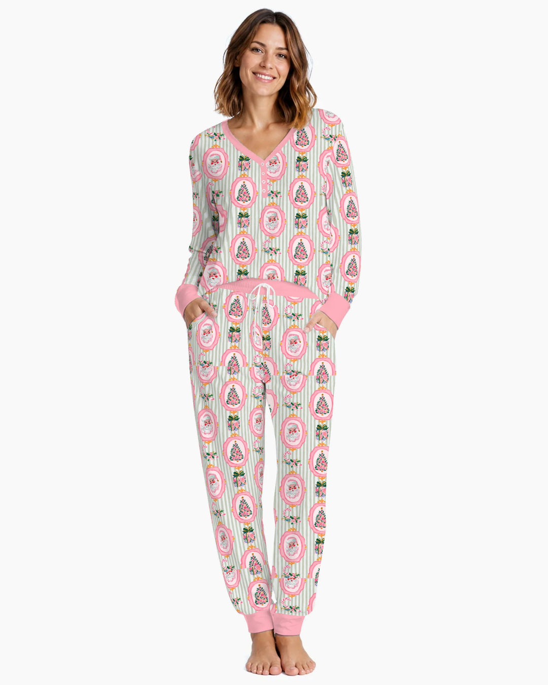 Pink Santa Christmas Tree Stripe Bamboo Women Pajama Set