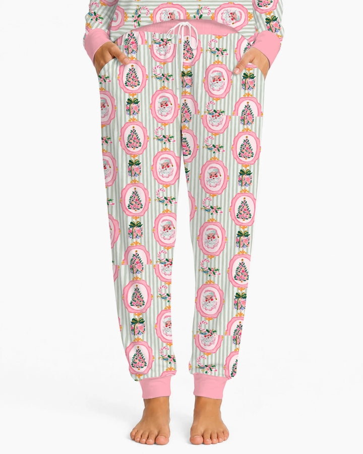 Pink Santa Christmas Tree Stripe Bamboo Women Pajama Set