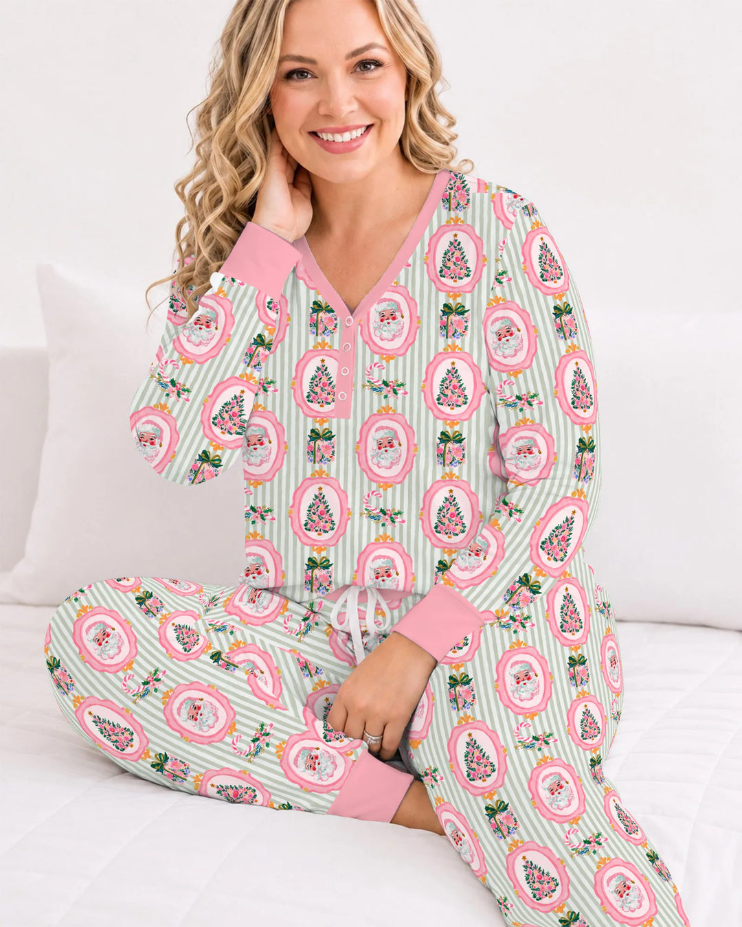 Pink Santa Christmas Tree Stripe Bamboo Women Pajama Set