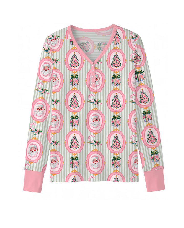 Pink Santa Christmas Tree Stripe Bamboo Women Pajama Set