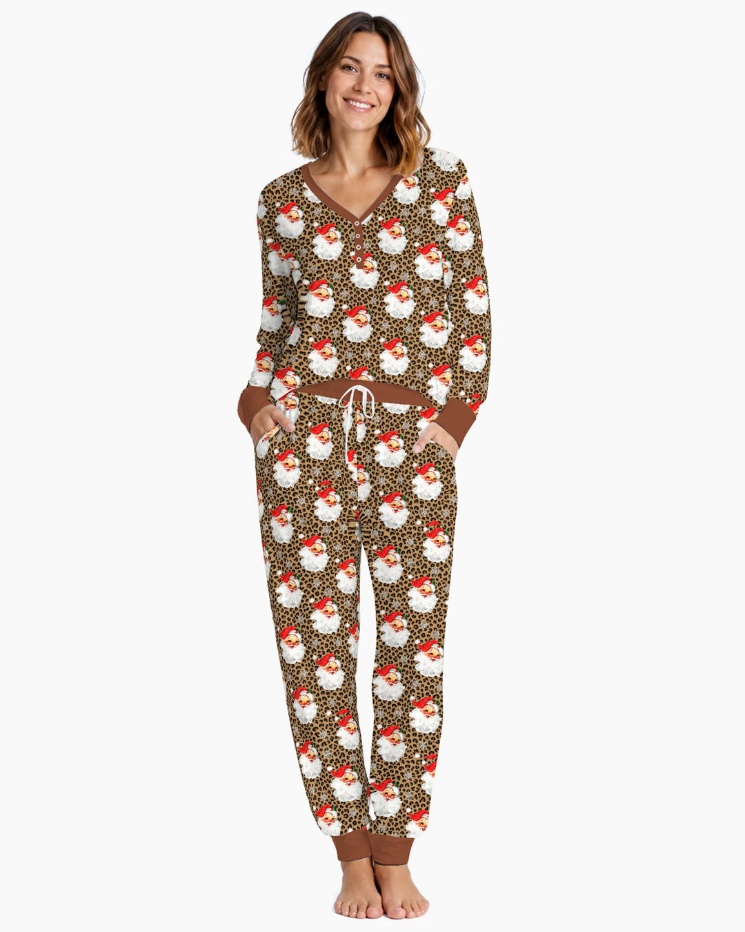 Leopard Print Vintage Santa Bamboo Women Pajama Set