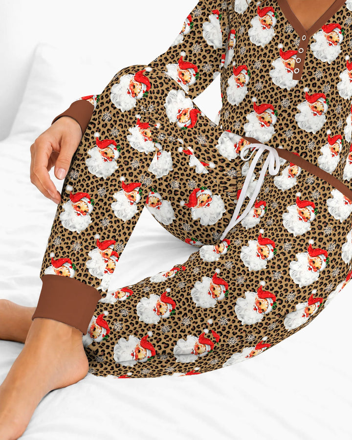 Leopard Print Vintage Santa Bamboo Women Pajama Set