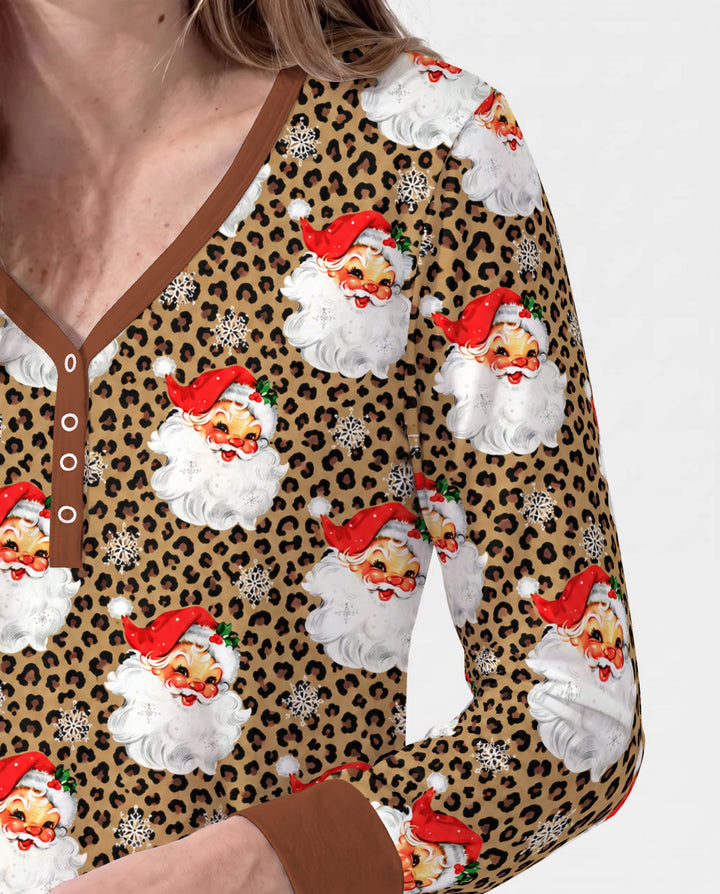 Leopard Print Vintage Santa Bamboo Women Pajama Set