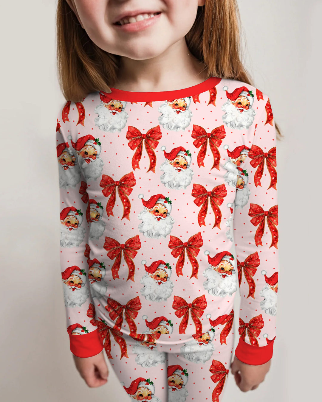 Vintage Santa Red Bow Christmas Bamboo Two Piece Long Sleeve Pajama Set