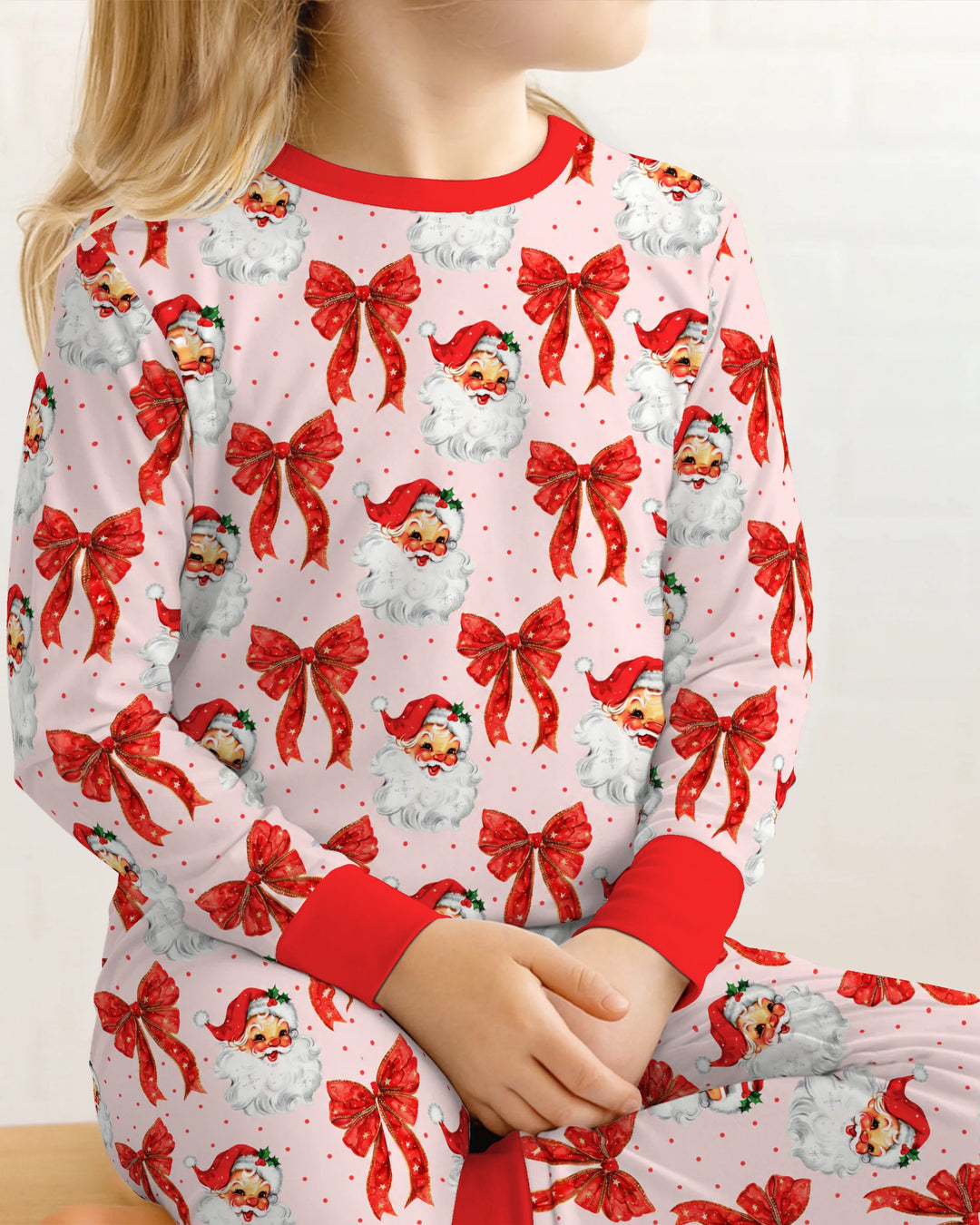 Vintage Santa Red Bow Christmas Bamboo Two Piece Long Sleeve Pajama Set