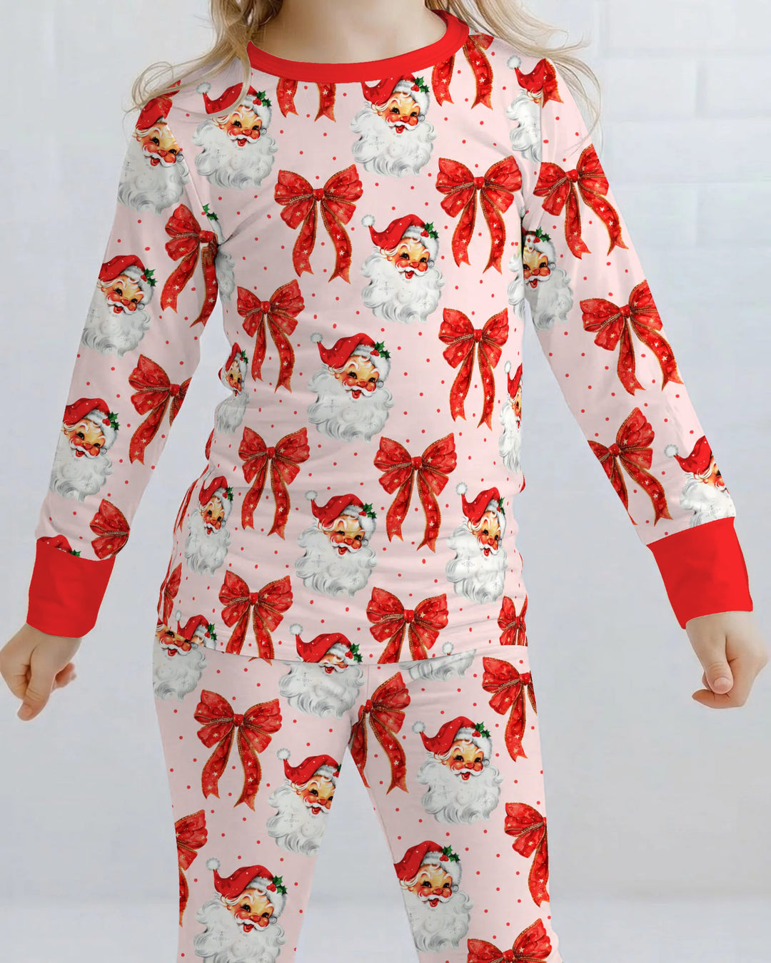 Vintage Santa Red Bow Christmas Bamboo Two Piece Long Sleeve Pajama Set