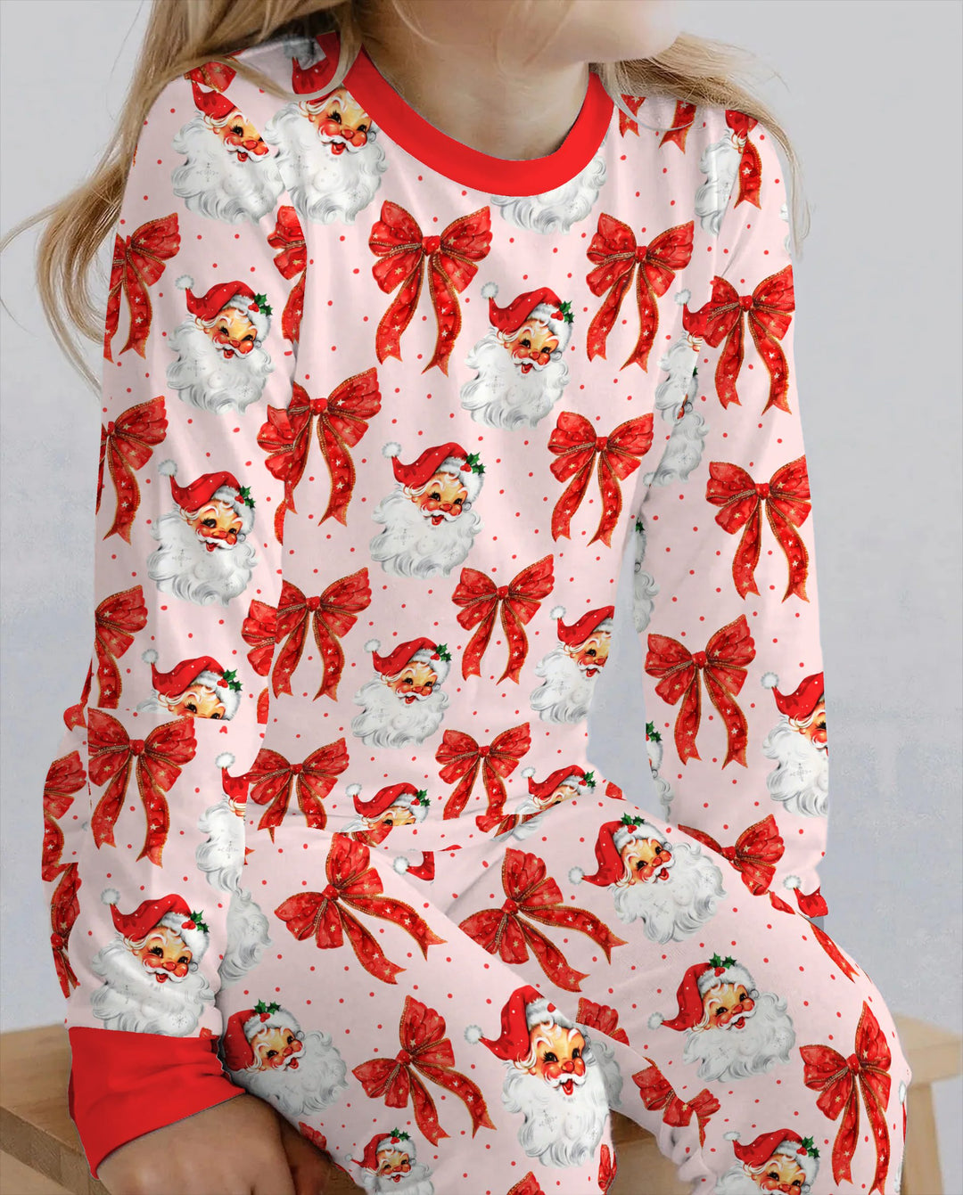 Vintage Santa Red Bow Christmas Bamboo Two Piece Long Sleeve Pajama Set