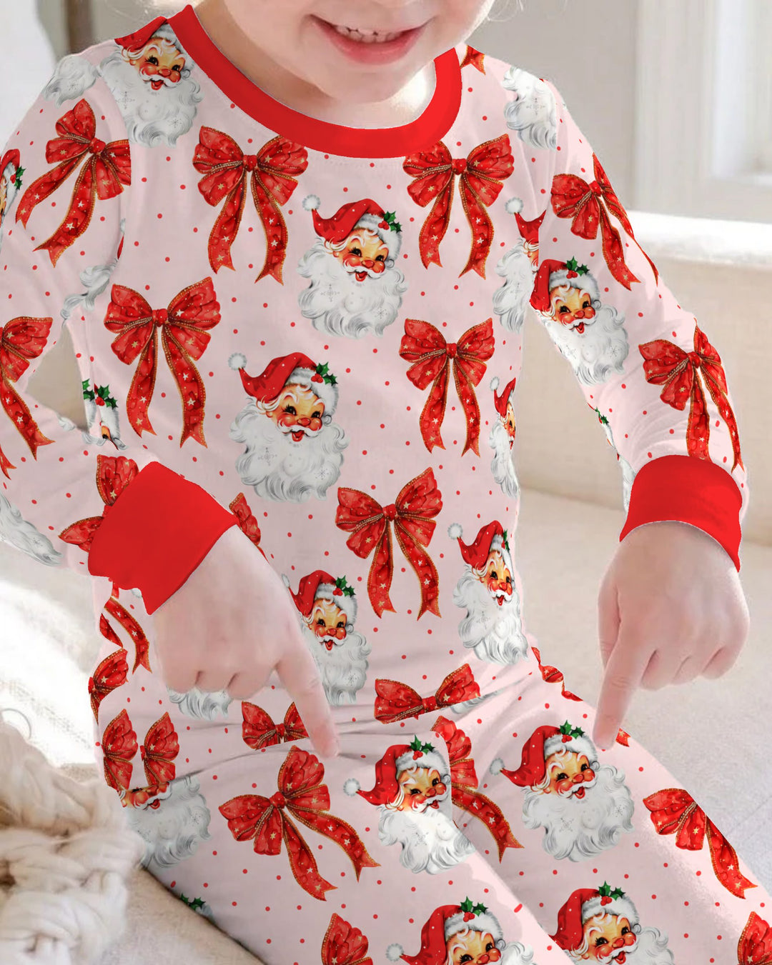 Vintage Santa Red Bow Christmas Bamboo Two Piece Long Sleeve Pajama Set