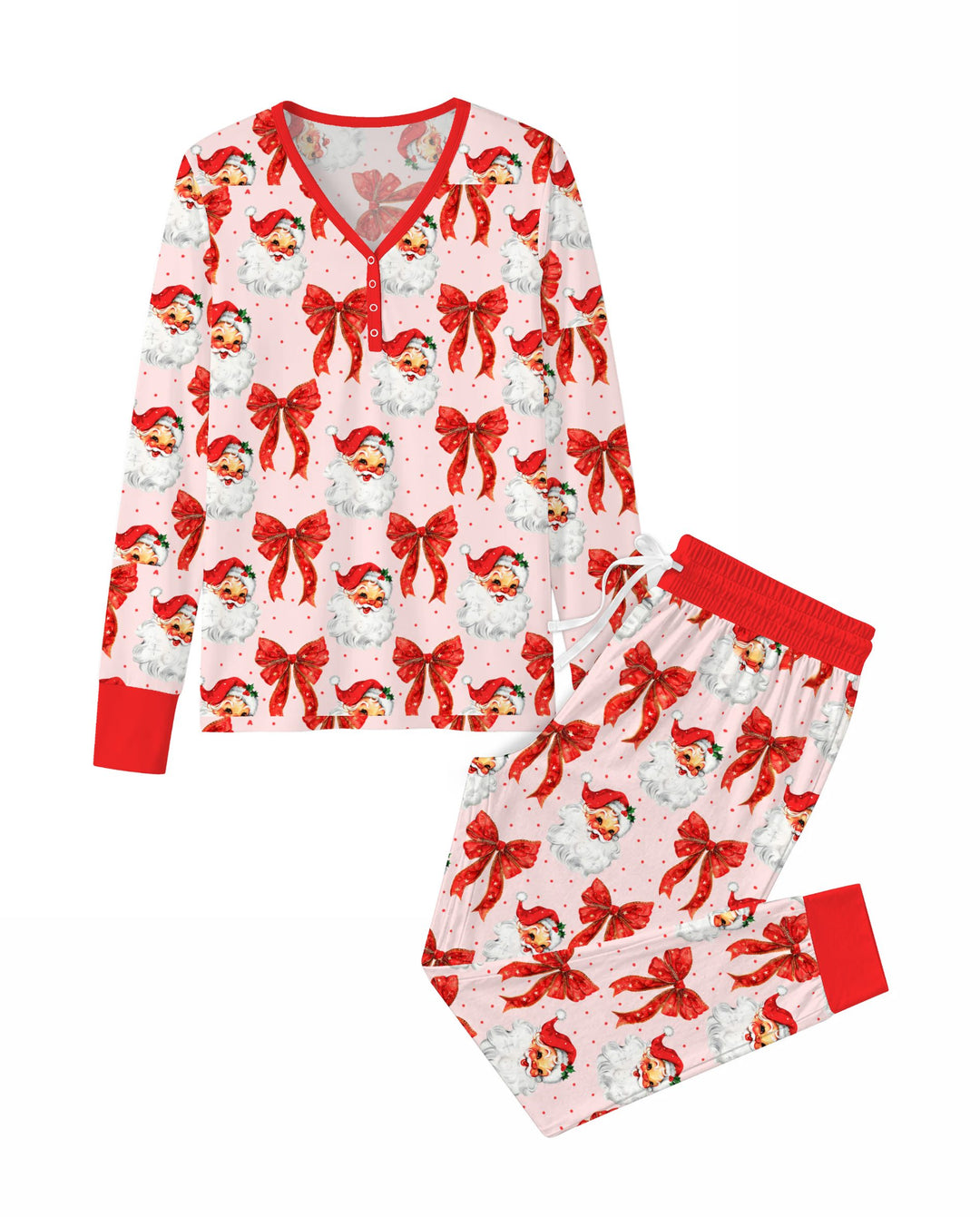 Vintage Santa Red Bow Christmas Bamboo Women Pajama Set