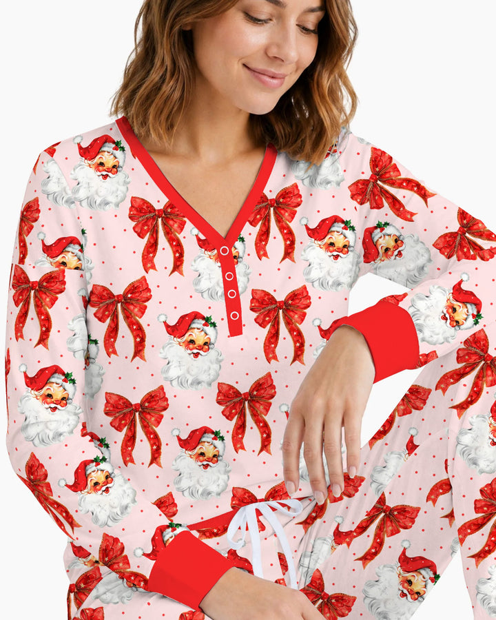 Vintage Santa Red Bow Christmas Bamboo Women Pajama Set