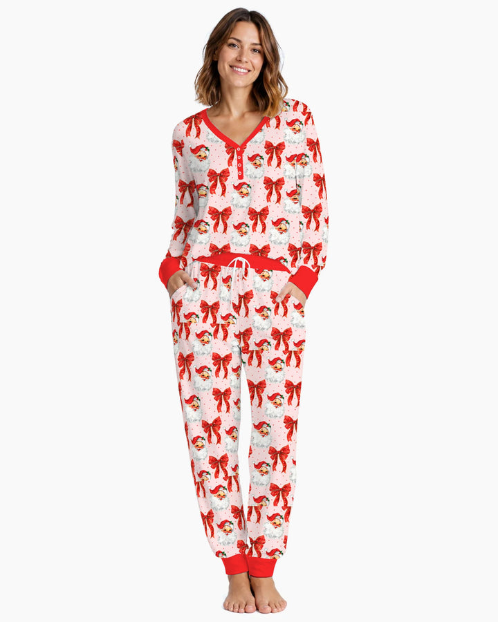 Vintage Santa Red Bow Christmas Bamboo Women Pajama Set