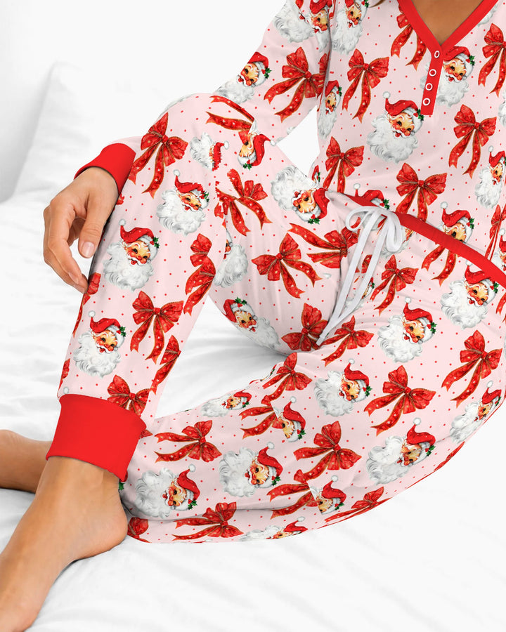 Vintage Santa Red Bow Christmas Bamboo Women Pajama Set