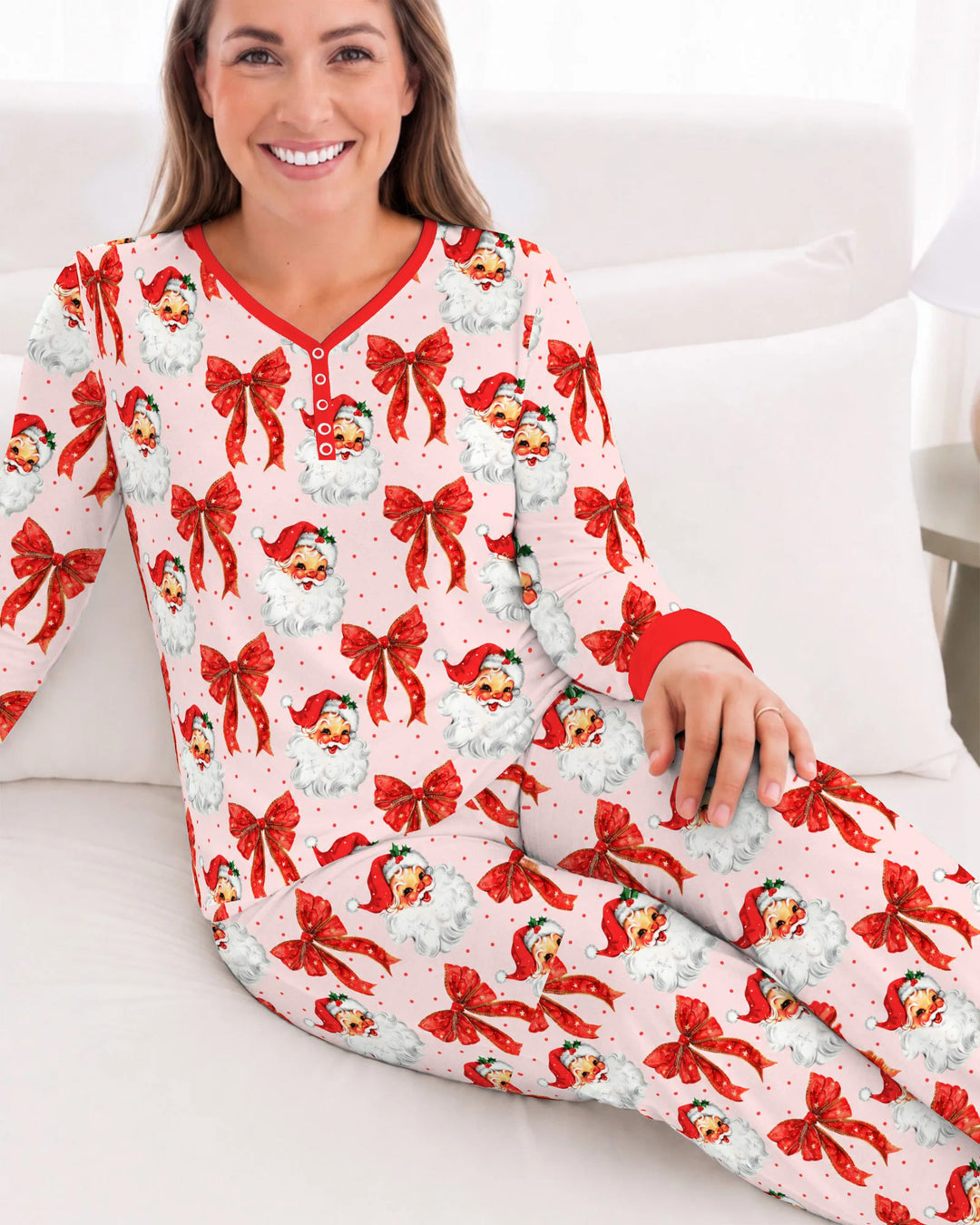 Vintage Santa Red Bow Christmas Bamboo Women Pajama Set