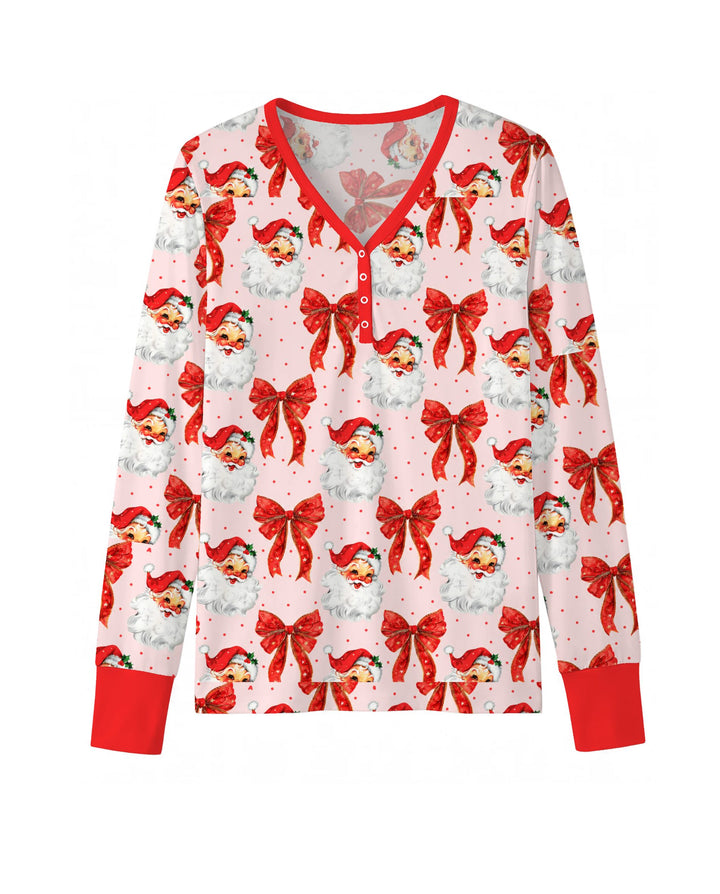 Vintage Santa Red Bow Christmas Bamboo Women Pajama Set