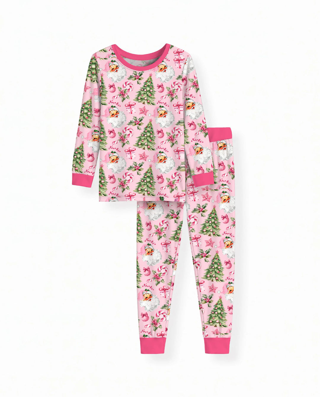 Pink Vintage Santa Christmas Tree Bamboo Two Piece Long Sleeve Pajama Set