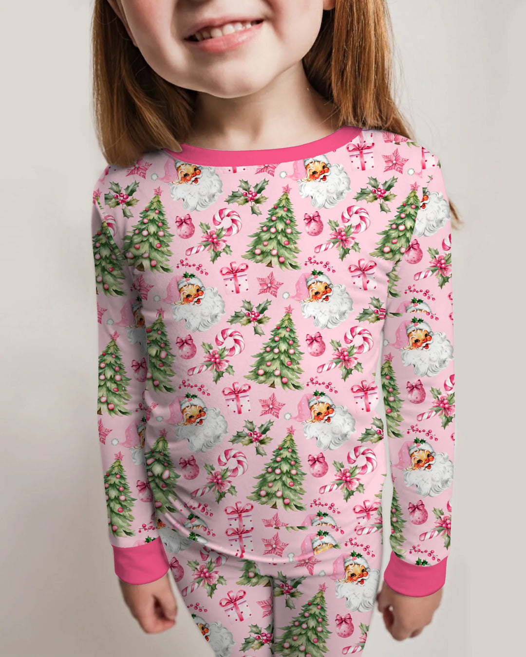 Pink Vintage Santa Christmas Tree Bamboo Two Piece Long Sleeve Pajama Set