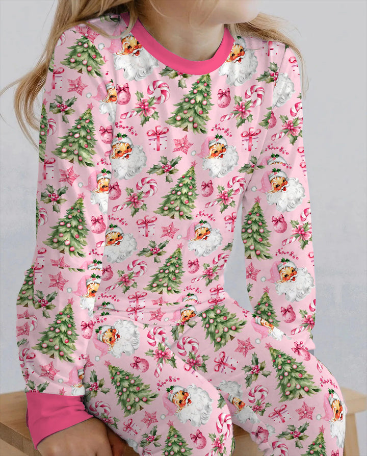Pink Vintage Santa Christmas Tree Bamboo Two Piece Long Sleeve Pajama Set