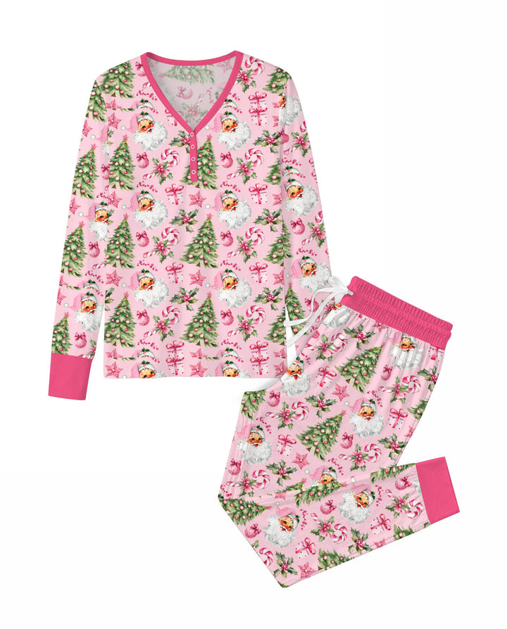 Pink Vintage Santa Christmas Tree Bamboo Women Pajama Set