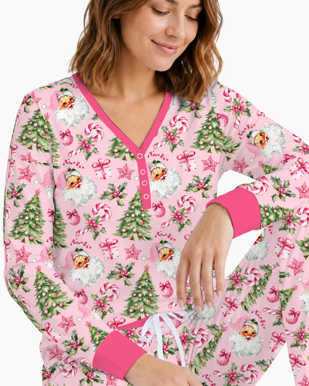 Pink Vintage Santa Christmas Tree Bamboo Women Pajama Set