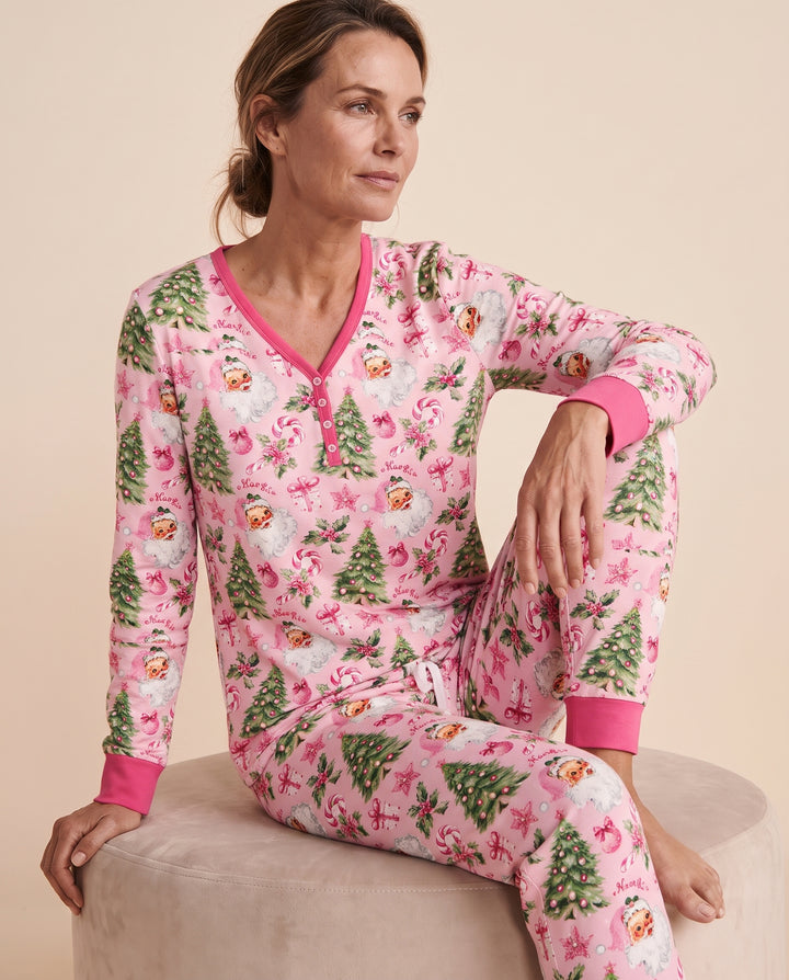 Pink Vintage Santa Christmas Tree Bamboo Women Pajama Set