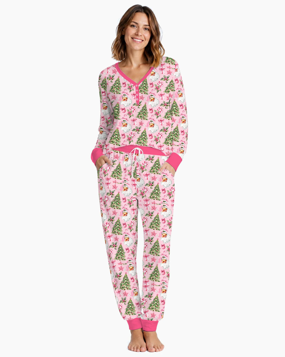 Pink Vintage Santa Christmas Tree Bamboo Women Pajama Set