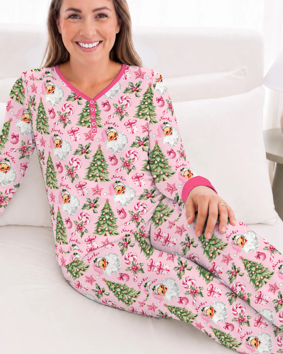 Pink Vintage Santa Christmas Tree Bamboo Women Pajama Set