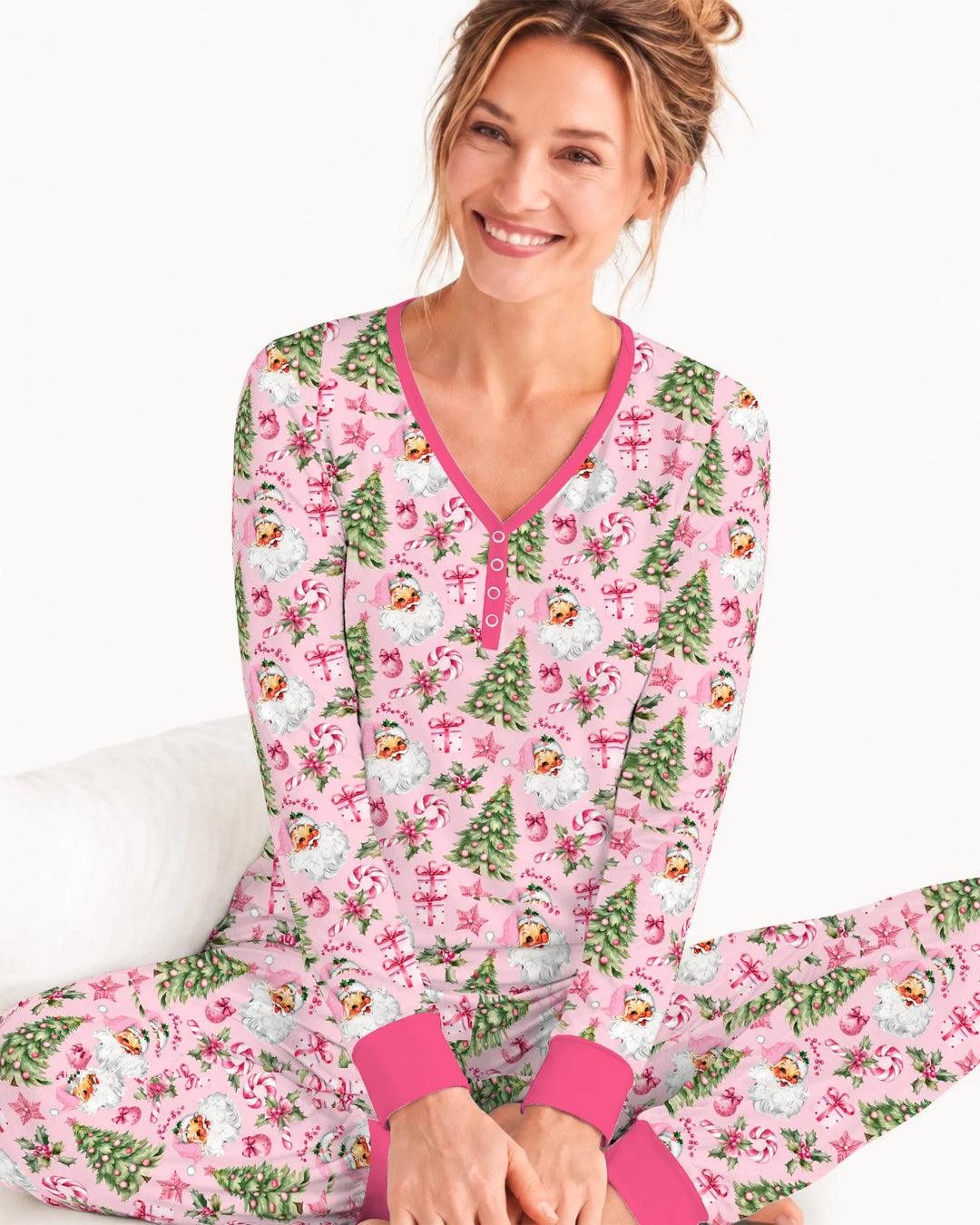 Pink Vintage Santa Christmas Tree Bamboo Women Pajama Set